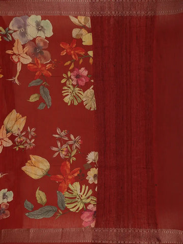 Maroon Floral Printed Banarasi Silk Saree - Diadem