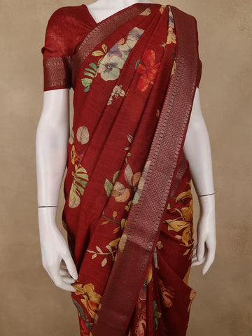 Maroon Floral Printed Banarasi Silk Saree - Diadem