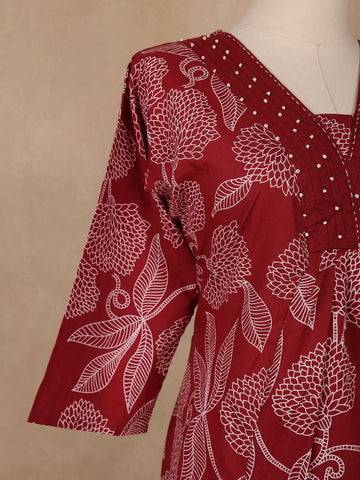 Maroon Floral Printed Cotton Salwar Suit - Diadem