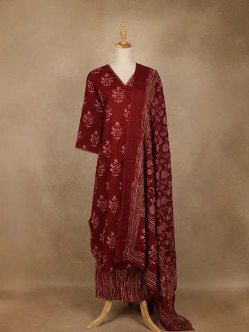 Maroon Floral Printed Cotton Salwar Suit with Dupatta - Diadem