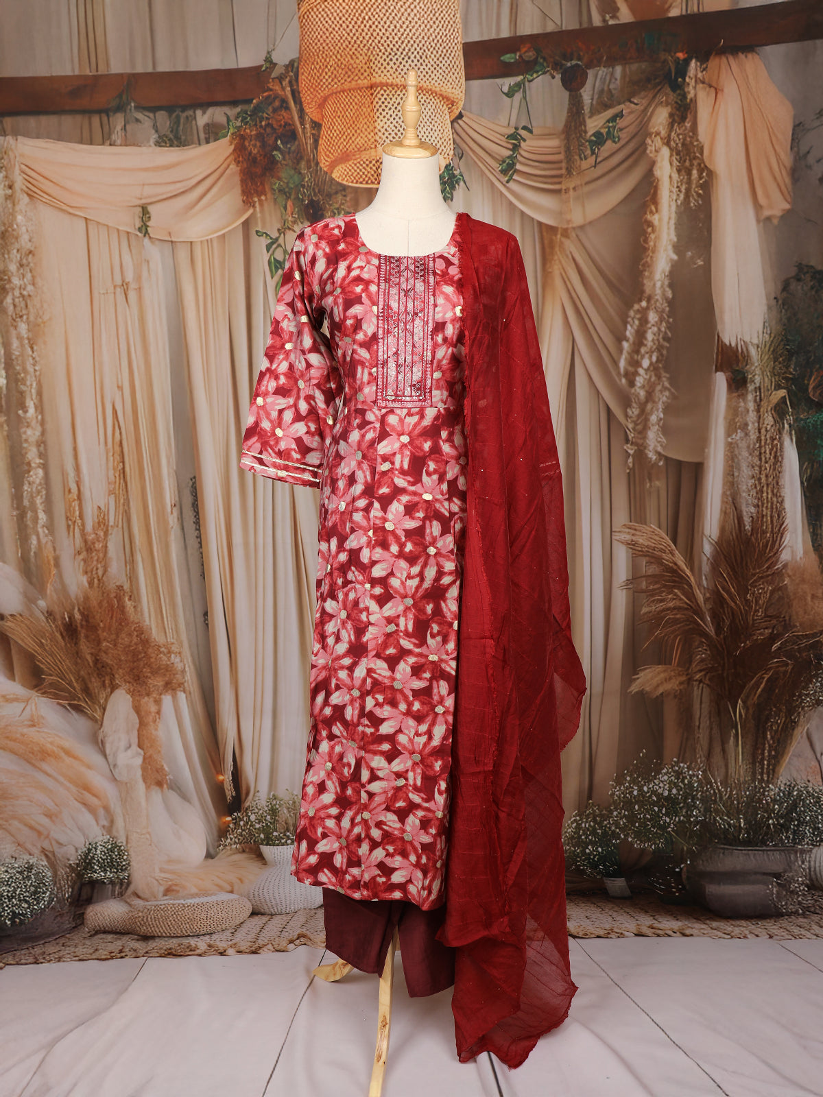 Maroon Floral Printed Cotton Salwar Suit with Embroidered Yoke