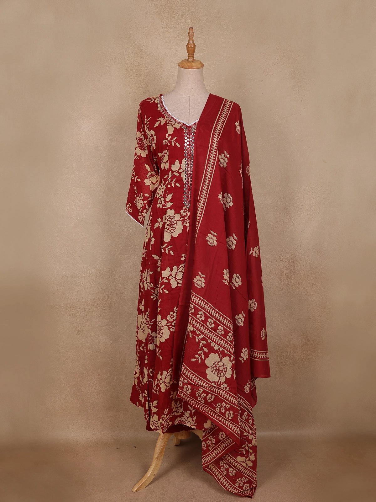 Maroon Floral Printed Design Cotton Anarkali Salwar Suit
