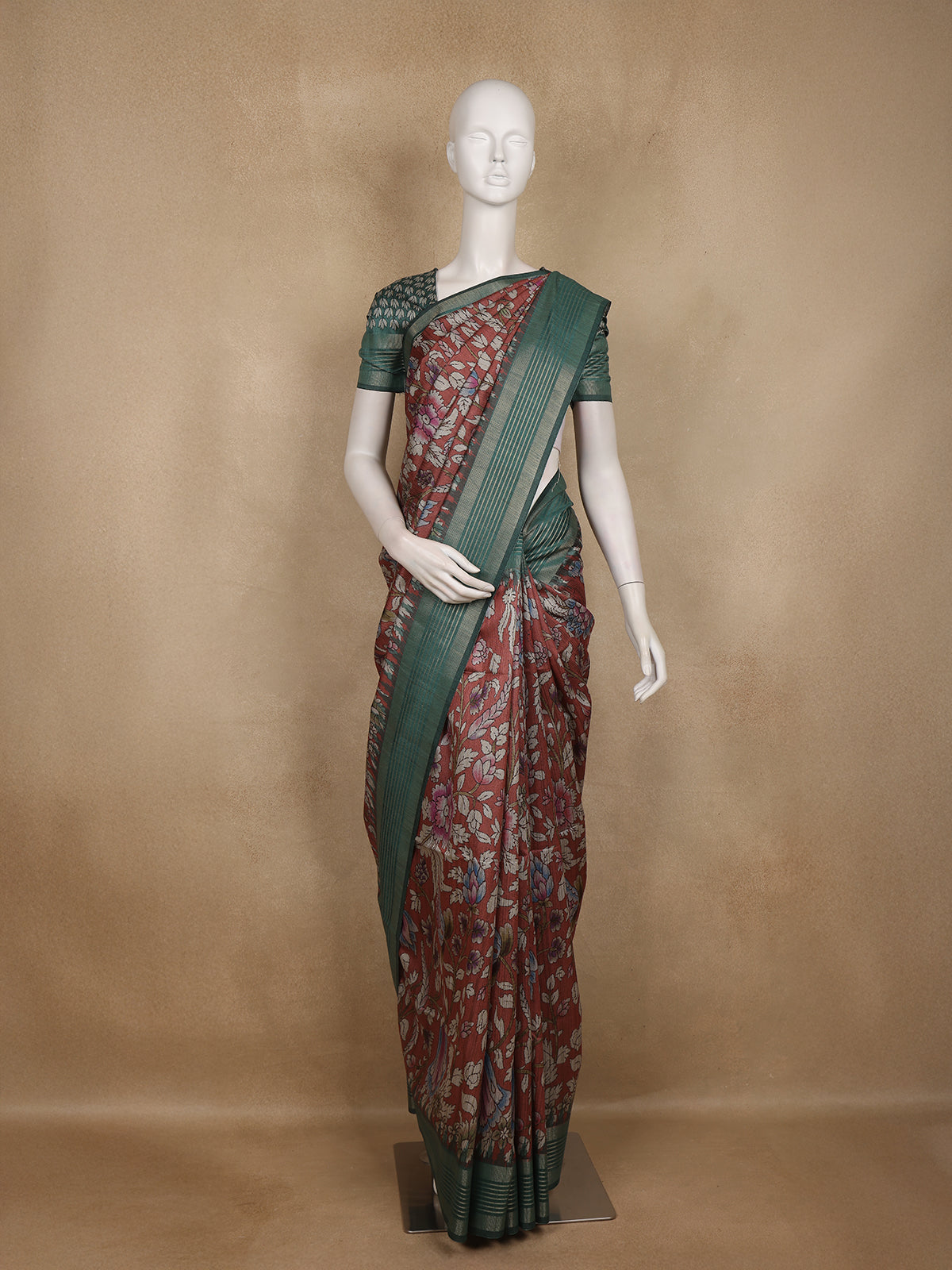 Maroon Floral Printed Design Semi Tussar Saree with Green Border
