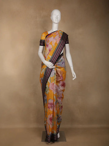 Mustard Yellow Floral Printed Kota Cotton Saree - Diadem