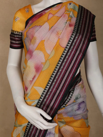 Mustard Yellow Floral Printed Kota Cotton Saree - Diadem