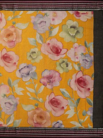 Mustard Yellow Floral Printed Kota Cotton Saree - Diadem