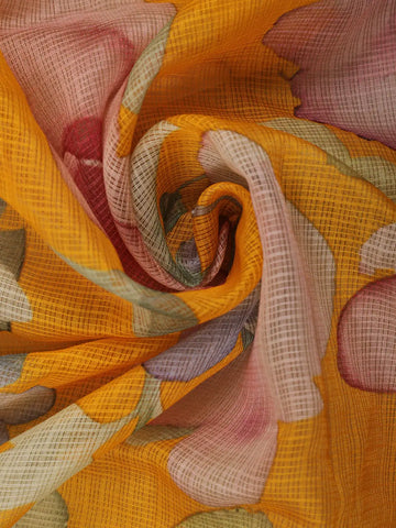 Mustard Yellow Floral Printed Kota Cotton Saree - Diadem