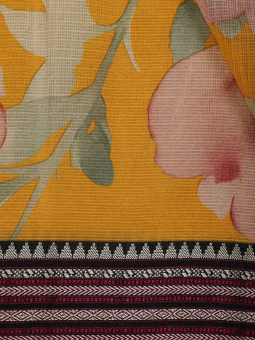 Mustard Yellow Floral Printed Kota Cotton Saree - Diadem