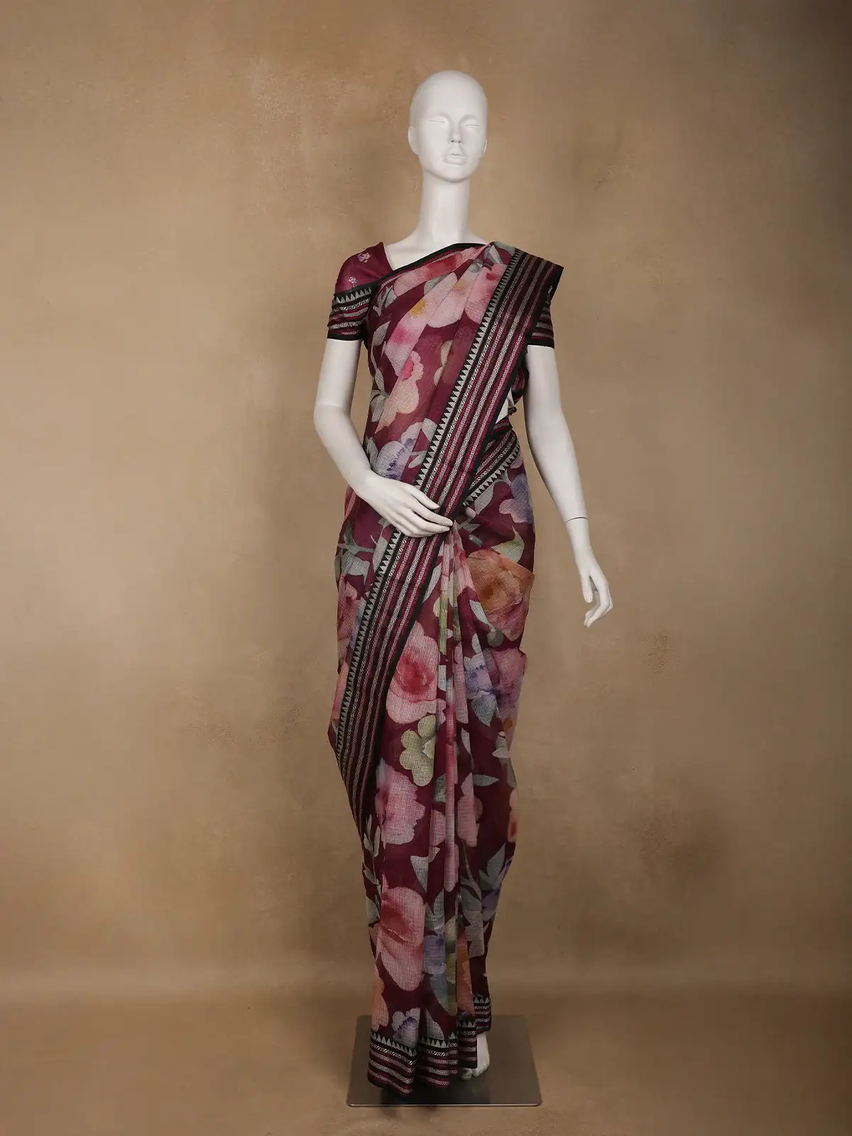 Maroon Floral Printed Kota Cotton Saree - Diadem