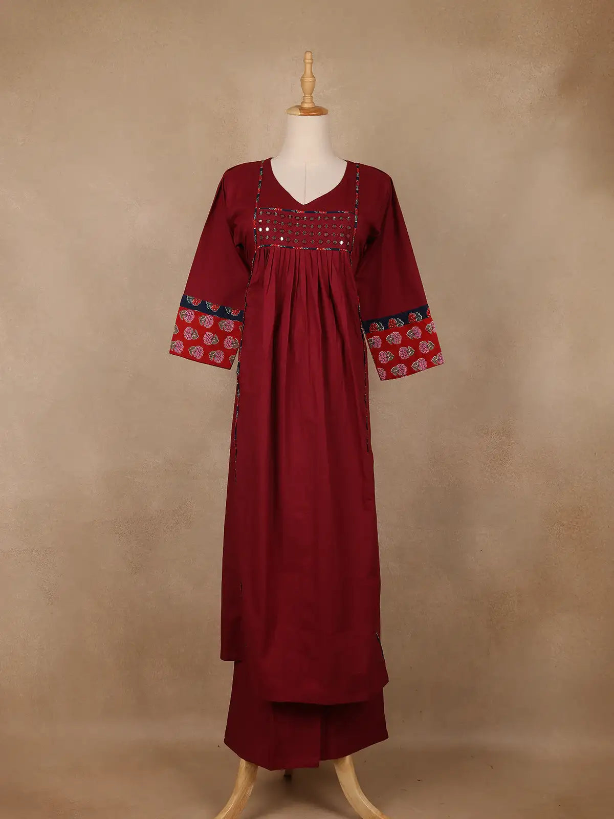 Maroon Floral Printed Mirror Embllishment Cotton Salwar Suit - Diadem