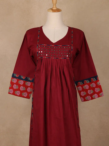 Maroon Floral Printed Mirror Embllishment Cotton Salwar Suit - Diadem
