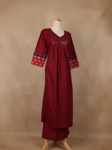 Maroon Floral Printed Mirror Embllishment Cotton Salwar Suit - Diadem