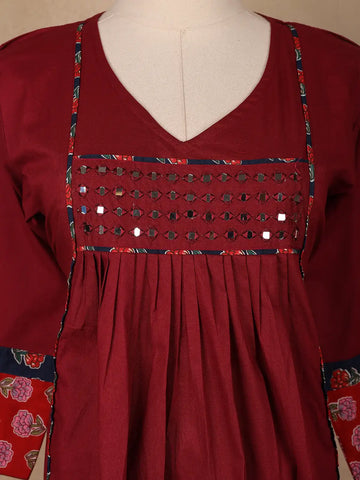 Maroon Floral Printed Mirror Embllishment Cotton Salwar Suit - Diadem