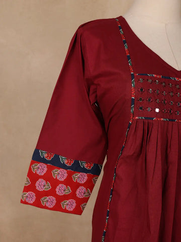 Maroon Floral Printed Mirror Embllishment Cotton Salwar Suit - Diadem