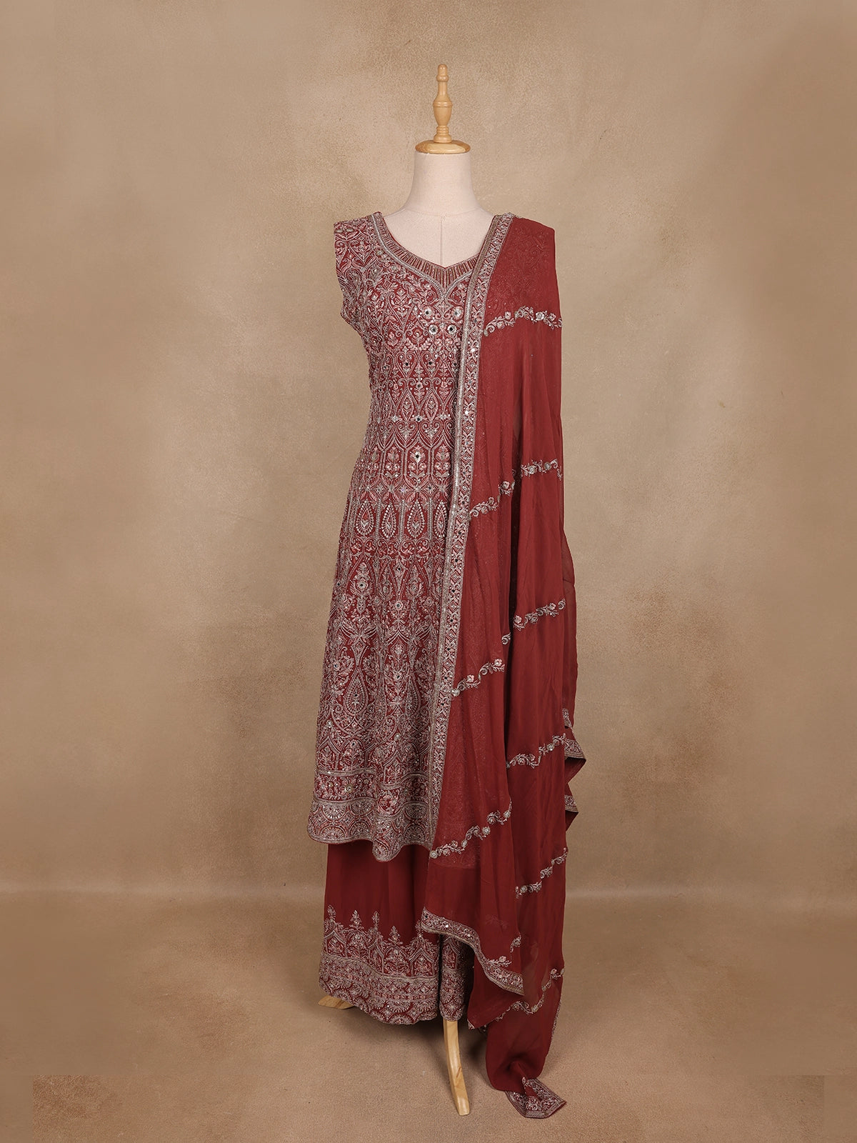 Maroon Floral Sequins Embroidered Design Georgette Palazzo Suit