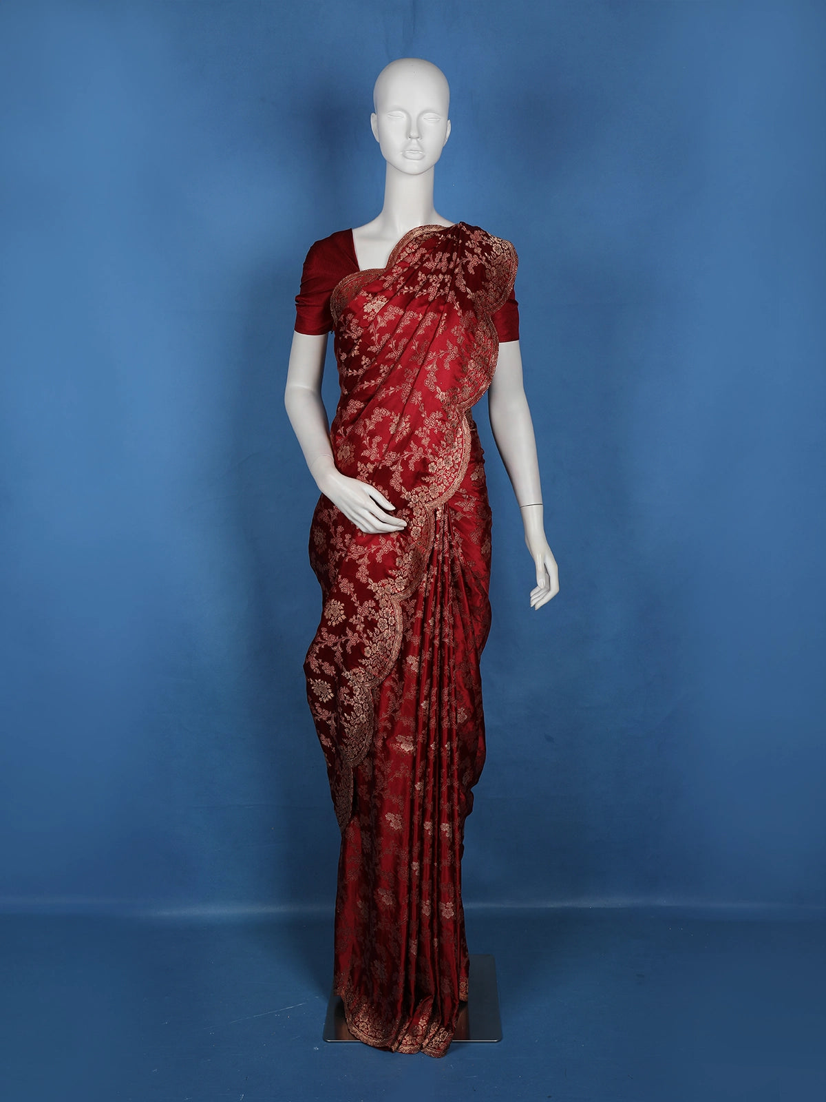 Maroon Floral Woven Banarasi Silk Saree With Scallop Border