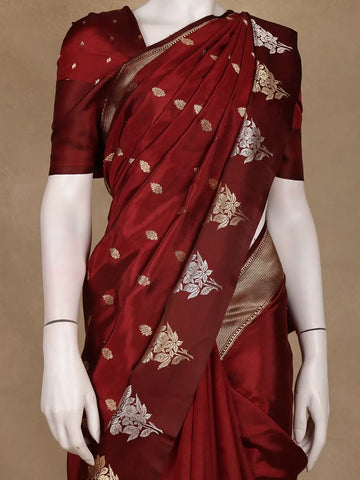 Maroon Floral Woven Banarasi Silk Saree with Zari Pallu - Diadem