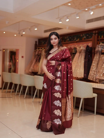 Maroon Floral Woven Banarasi Silk Saree with Zari Pallu - Diadem