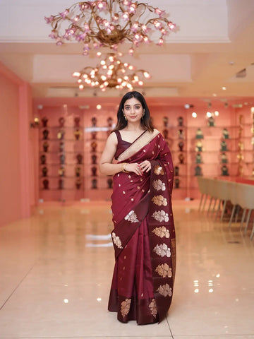 Maroon Floral Woven Banarasi Silk Saree with Zari Pallu - Diadem