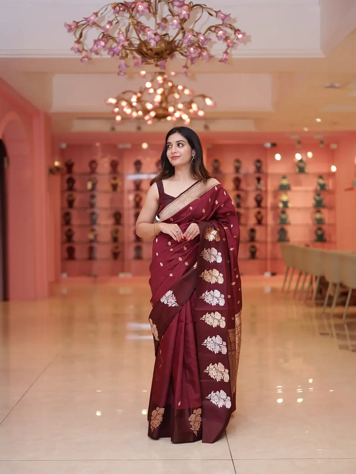 Maroon Floral Woven Banarasi Silk Saree with Zari Pallu - Diadem
