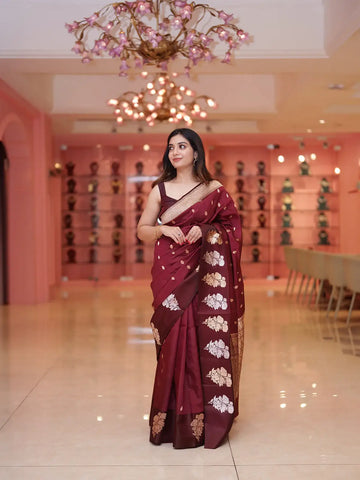 Maroon Floral Woven Banarasi Silk Saree with Zari Pallu - Diadem