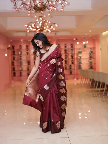 Maroon Floral Woven Banarasi Silk Saree with Zari Pallu - Diadem