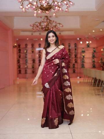 Maroon Floral Woven Banarasi Silk Saree with Zari Pallu - Diadem