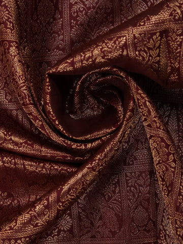 Burgundy Floral Woven Pure Kanchipuram Silk Saree - Diadem