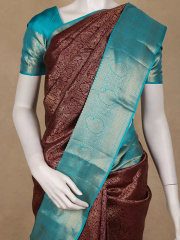 Burgundy Floral Woven Pure Kanchipuram Silk Saree - Diadem
