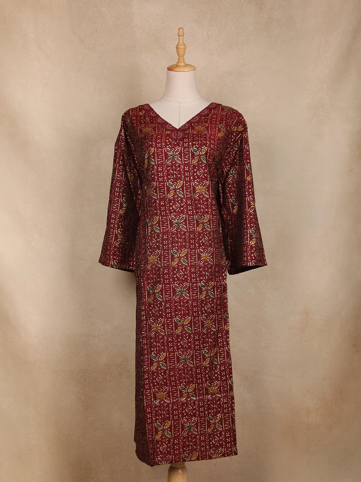 Maroon Geometric Floral Printed Rayon Kurti