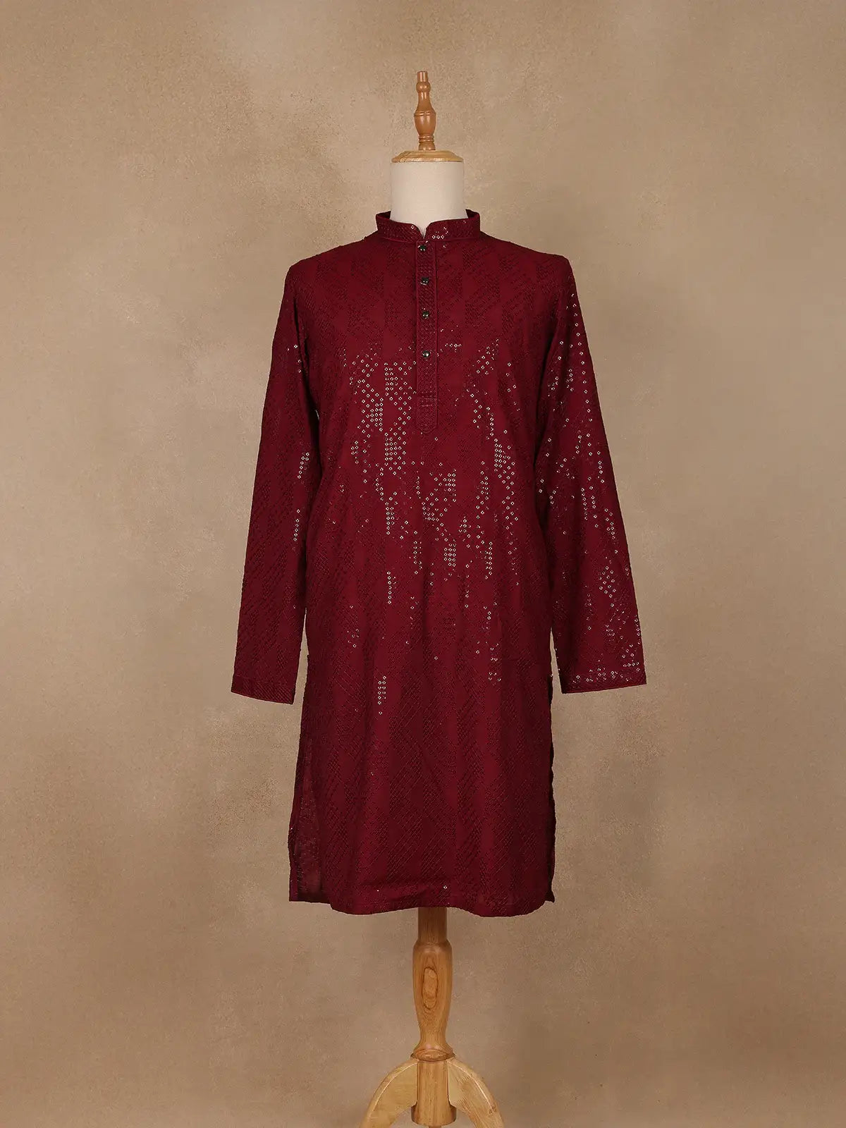 wine Geometric Sequin Design Cotton Kurta - Diadem