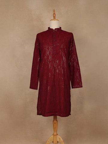 wine Geometric Sequin Design Cotton Kurta - Diadem