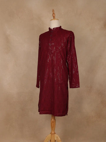 wine Geometric Sequin Design Cotton Kurta - Diadem