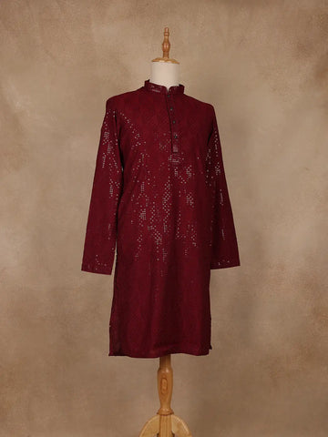 wine Geometric Sequin Design Cotton Kurta - Diadem