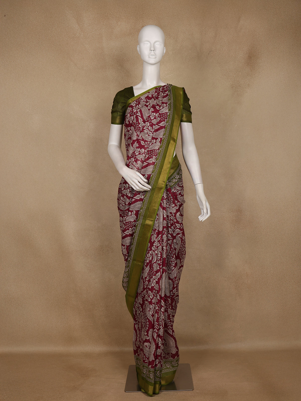 Maroon Kalamkari Printed Cotton Saree with Contrast Olive Green Border