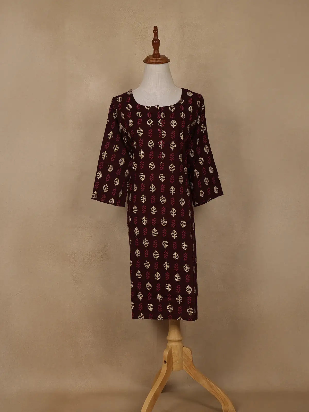 Maroon Leaf Printed Cotton Kurti - Diadem