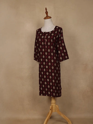 Maroon Leaf Printed Cotton Kurti - Diadem