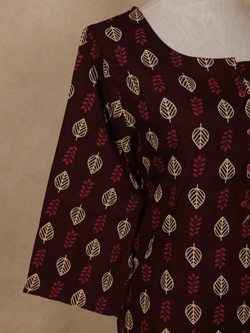 Maroon Leaf Printed Cotton Kurti - Diadem