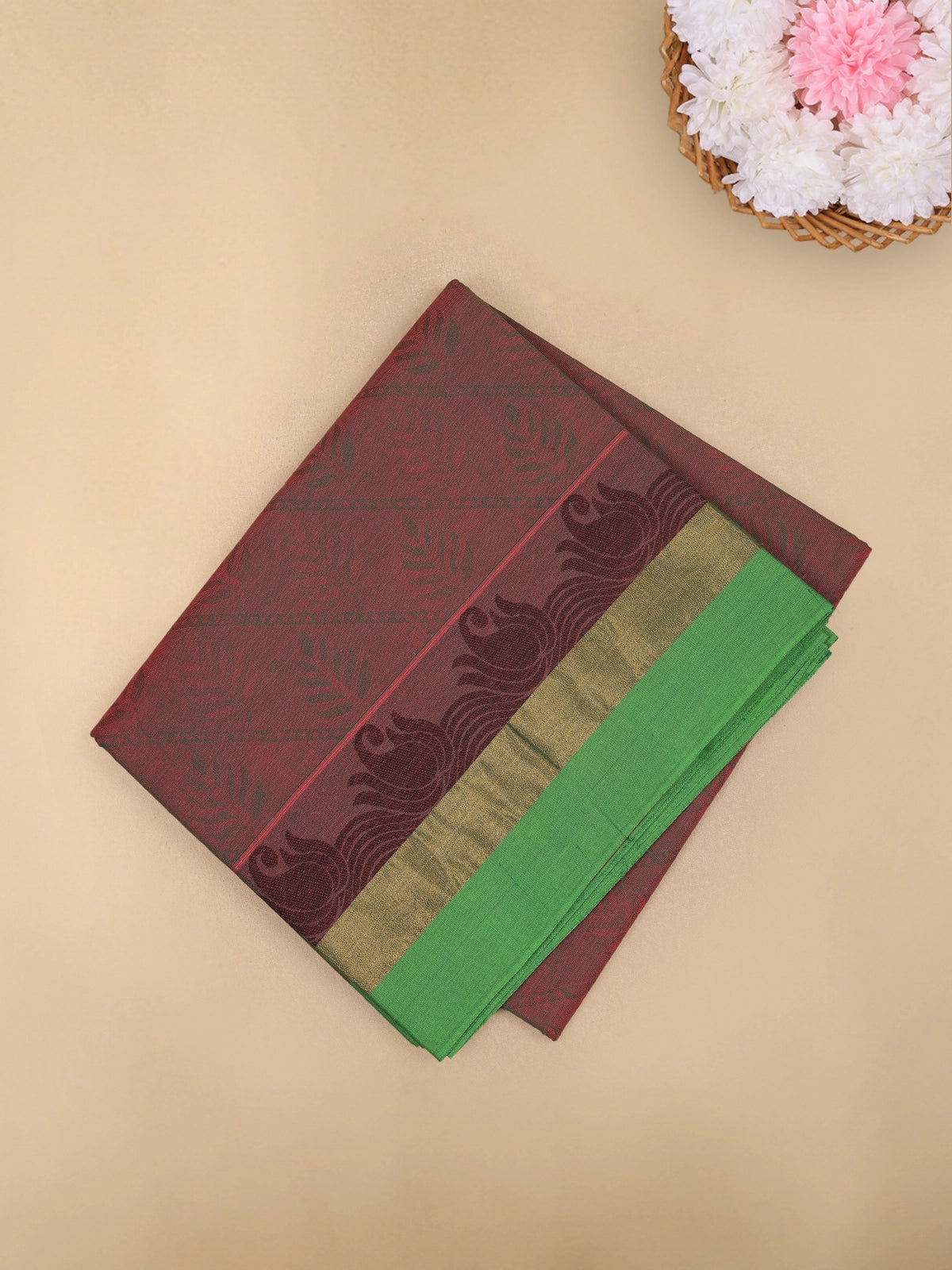 Maroon Leaf Woven Design Cotton Saree