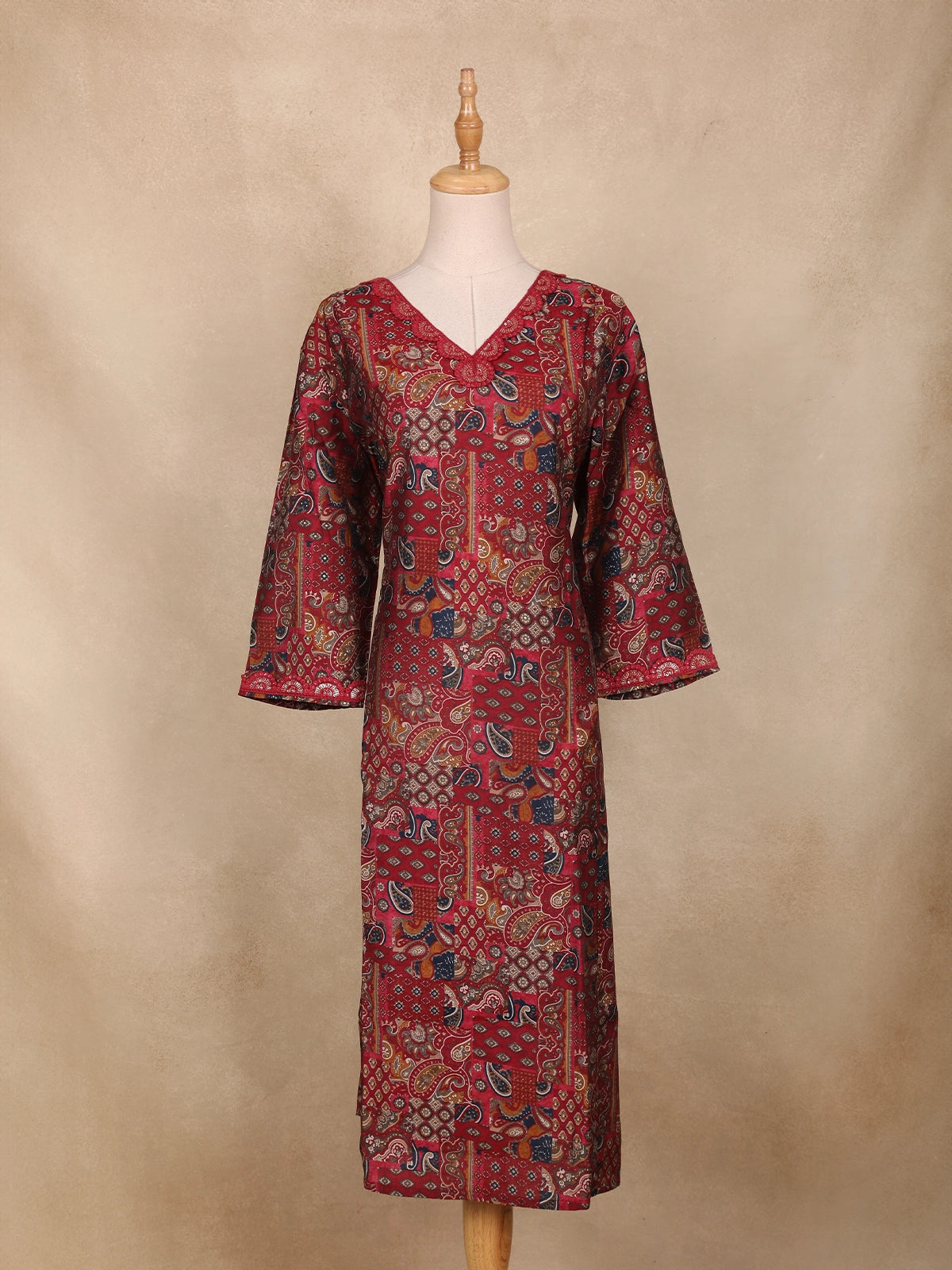Maroon Paisley and Geometric Printed Rayon Kurti
