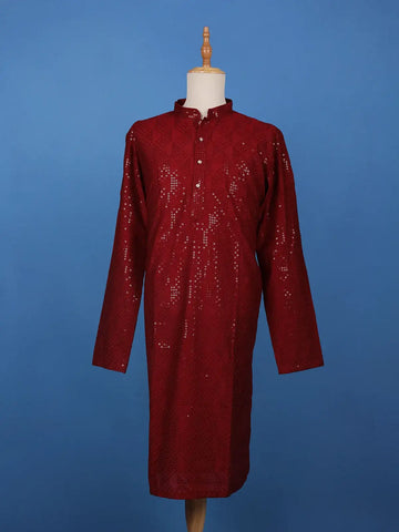 Maroon Geometric Sequin Designed Cotton Kurta - Diadem