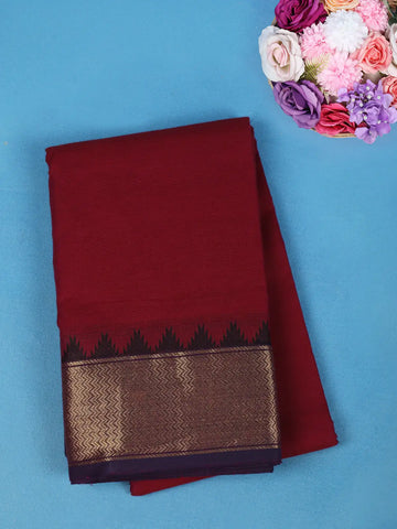 Maroon Solid Cotton Saree With Golden Zari Woven Border - Diadem