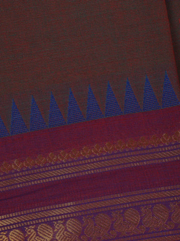 Maroon Solid Design Cotton Saree with Blue Temple Zari Border - Diadem