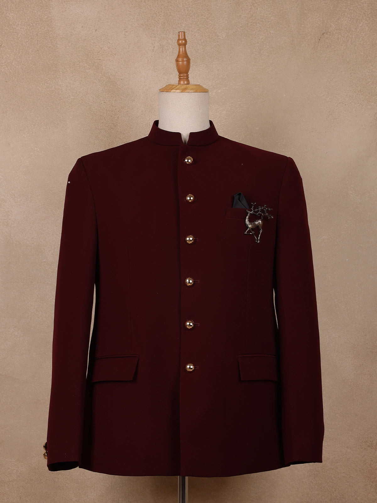 Maroon Solid Design Polynosic Sherwani Suit