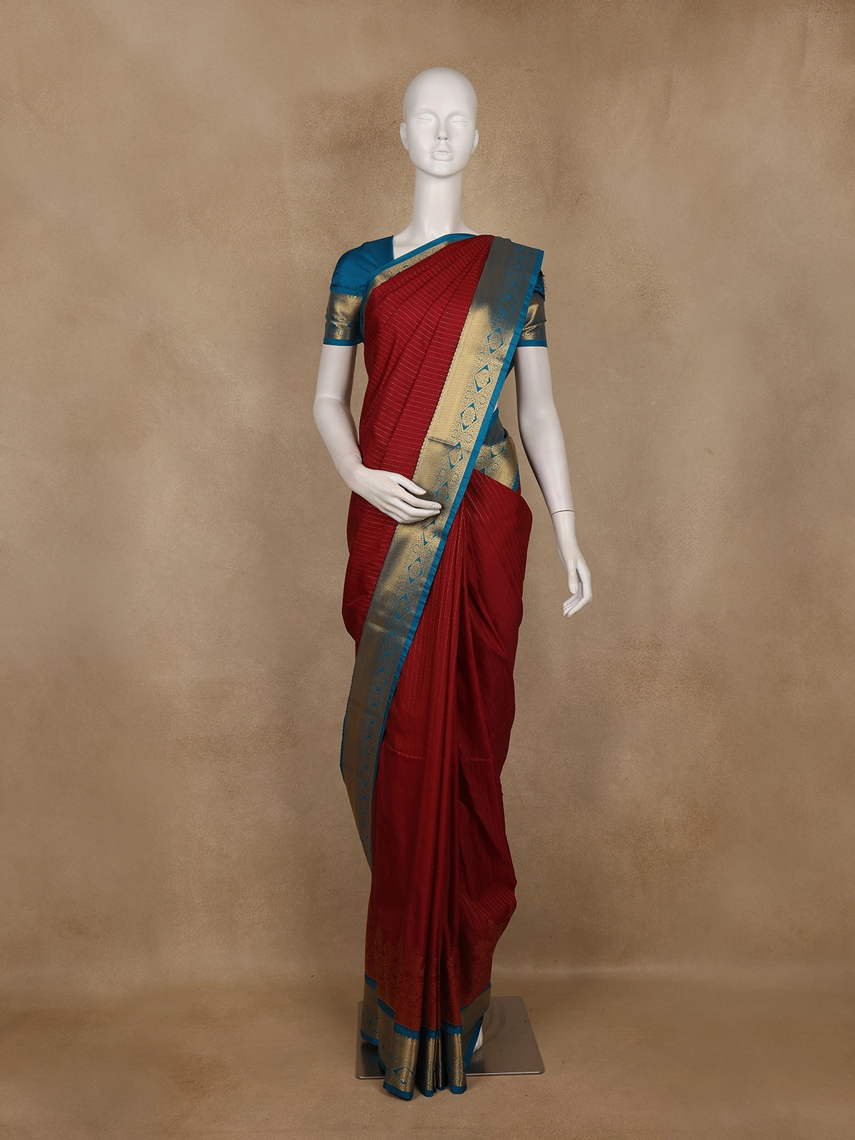 Maroon Striped Design Semi Silk Saree with Contrast Teal Blue Zari Border