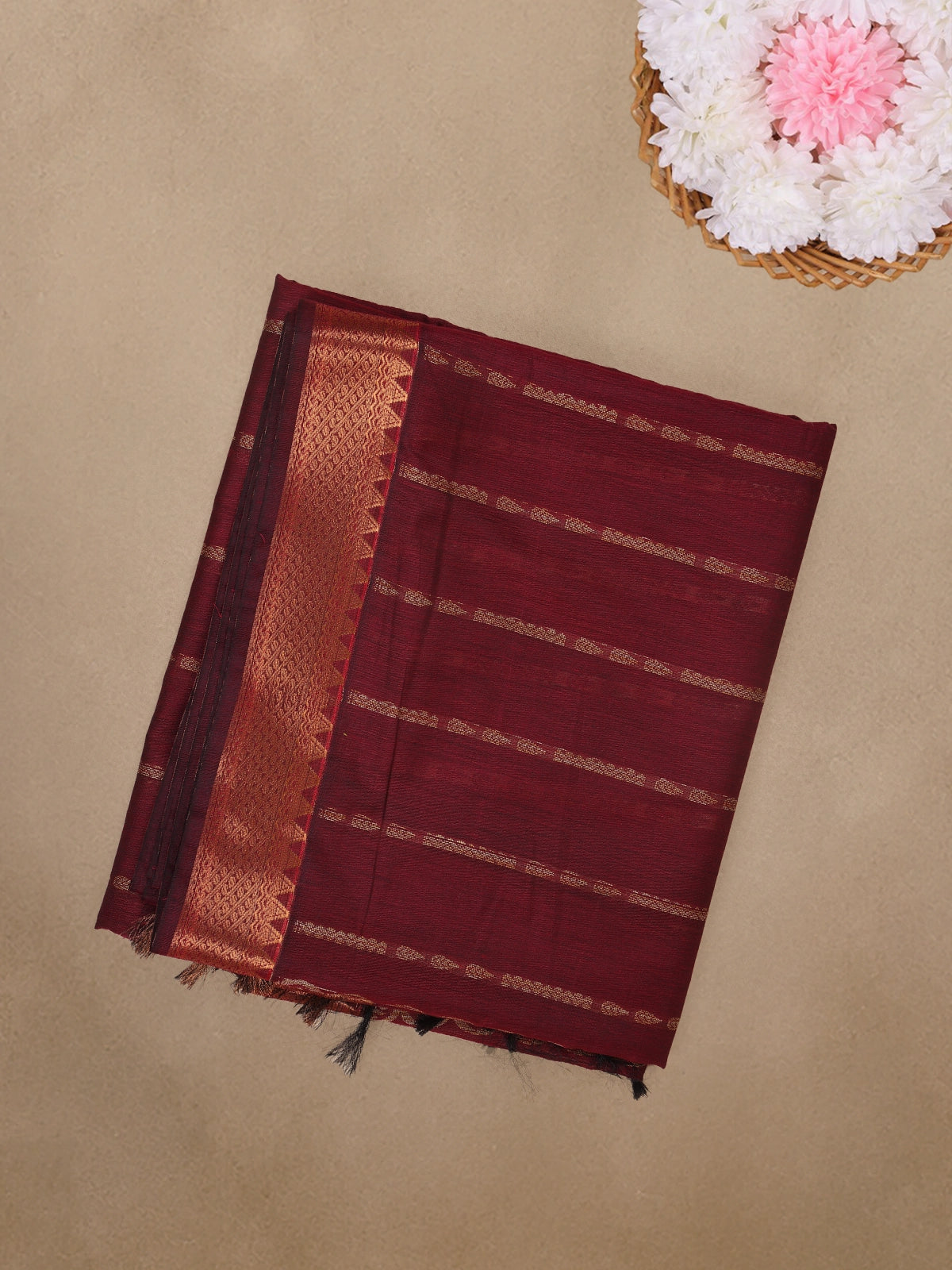 Maroon Striped Woven Cotton Saree