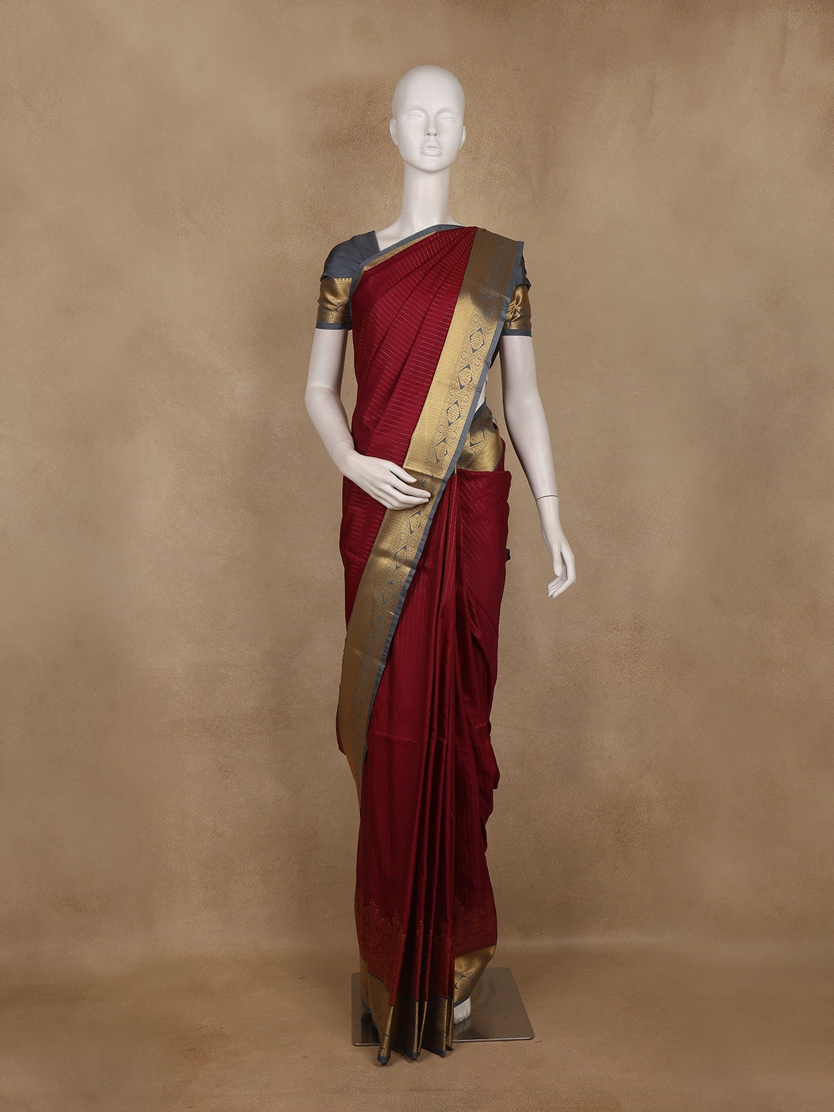 Maroon Stripes Woven Semi Silk Saree with Contrast Grey Zari Border