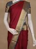 Maroon Stripes Woven Semi Silk Saree with Contrast Grey Zari Border