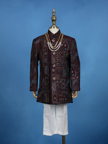 Maroon Cotton Floral Embroidery Sherwani And Pant Set - Diadem