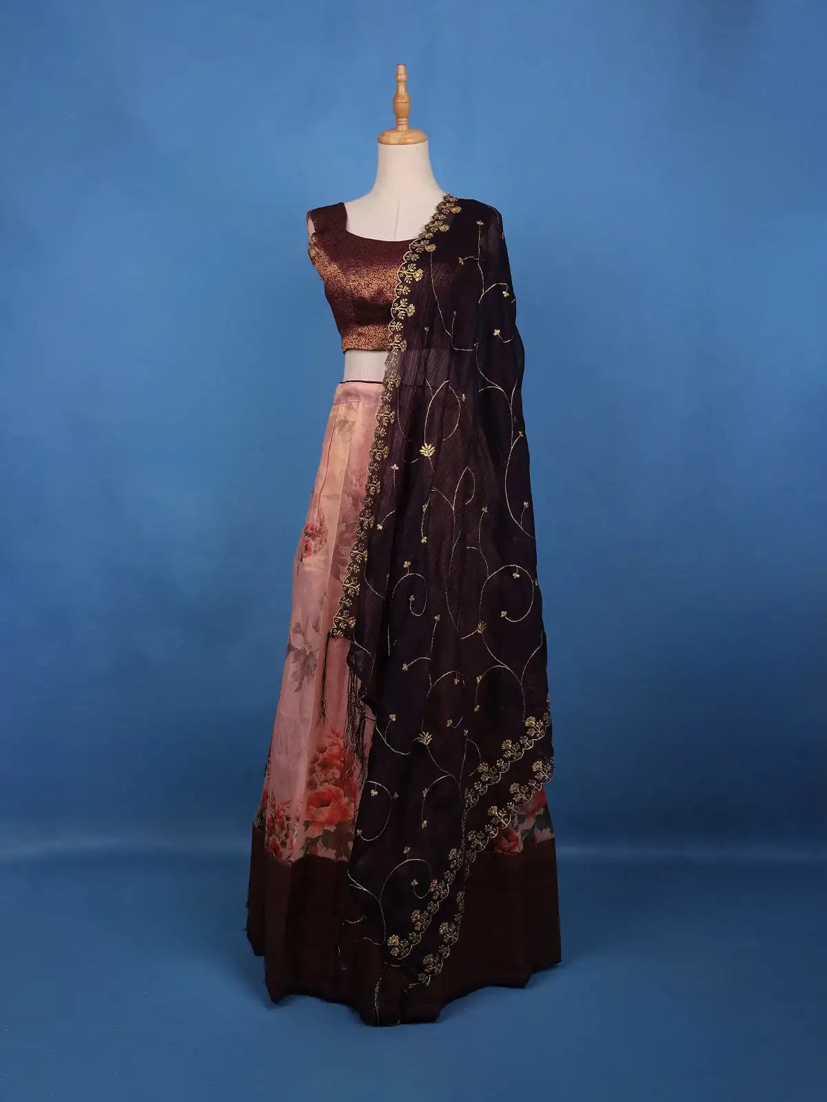 Maroon Floral Embroidered Organza Lehenga - Diadem